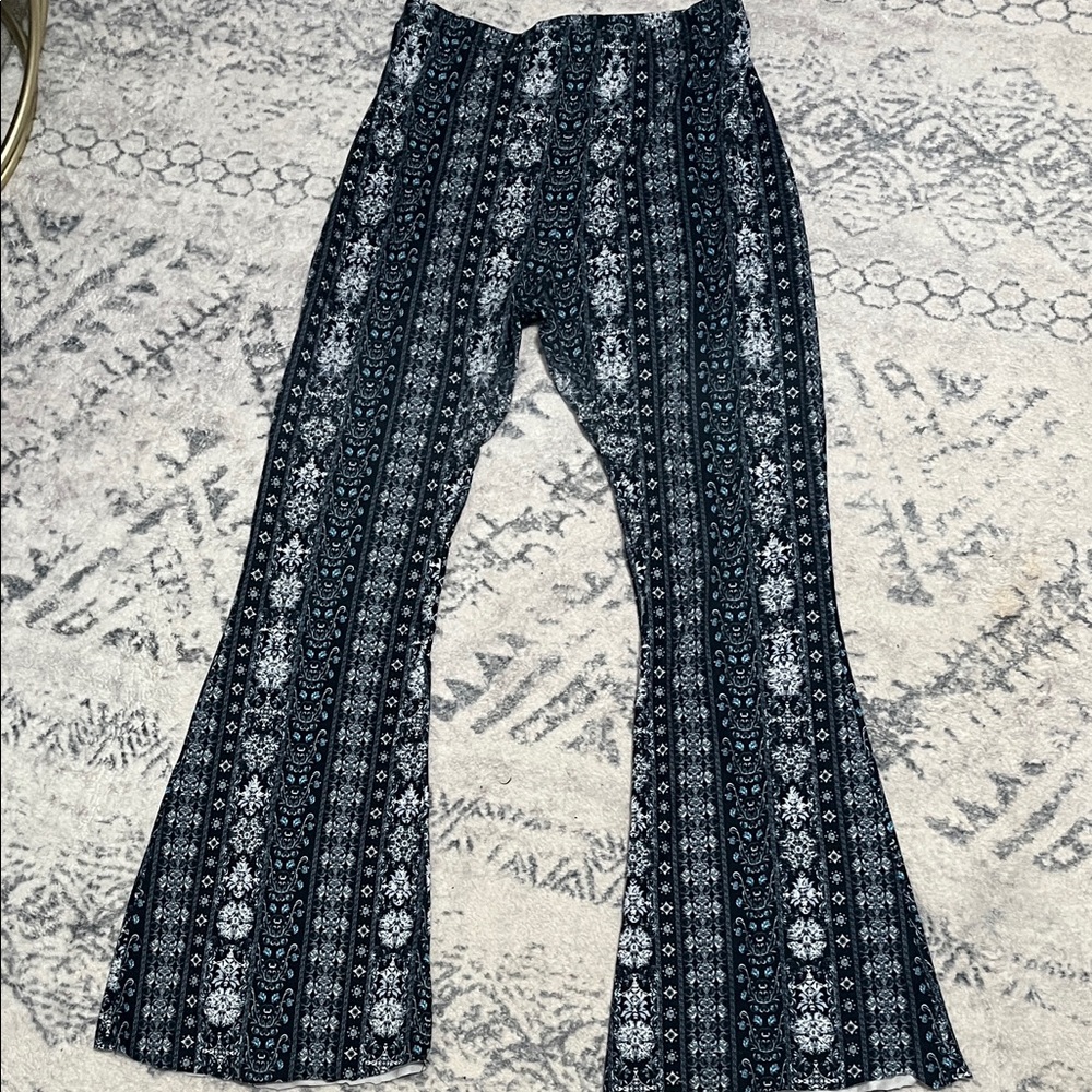 blue and White Patterned Flare Pants